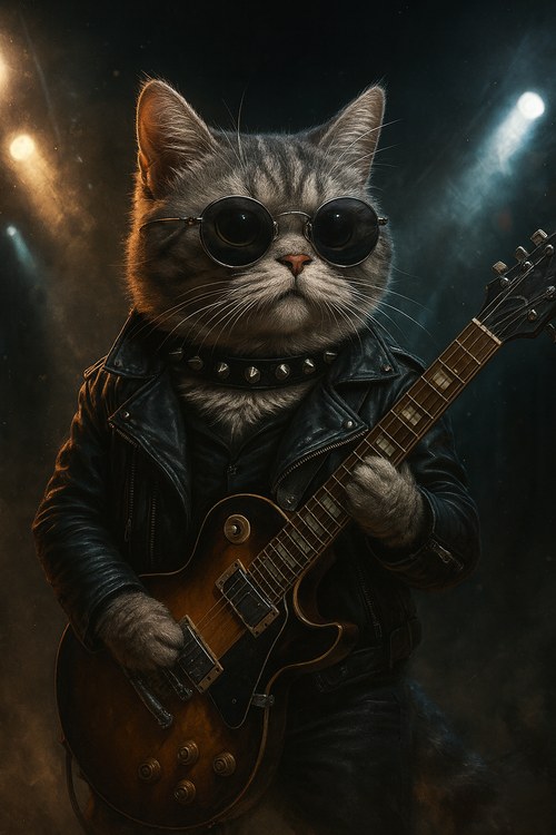 Cat in a leather jacket on a concert stage