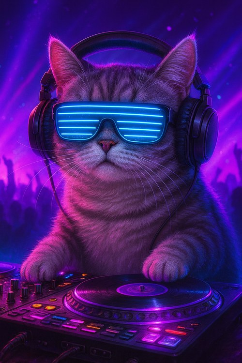 Cat wearing headphones behind a turntable