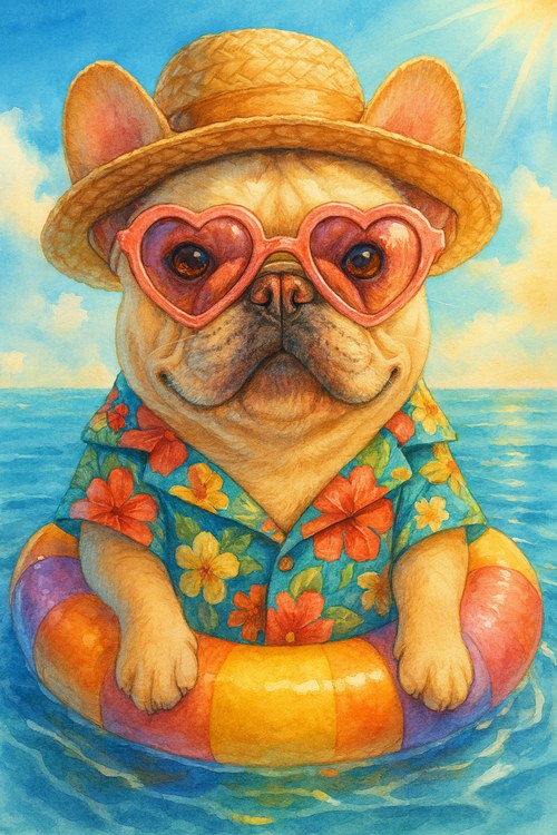 Dog in a floral shirt by the pool