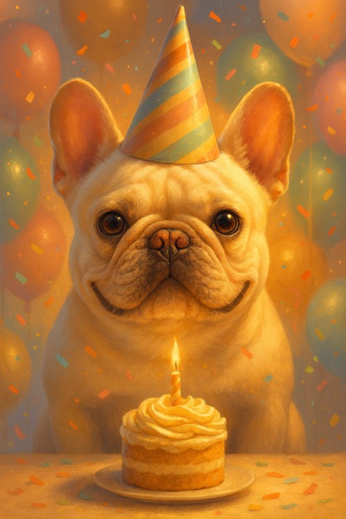 Dog in a party hat surrounded by confetti